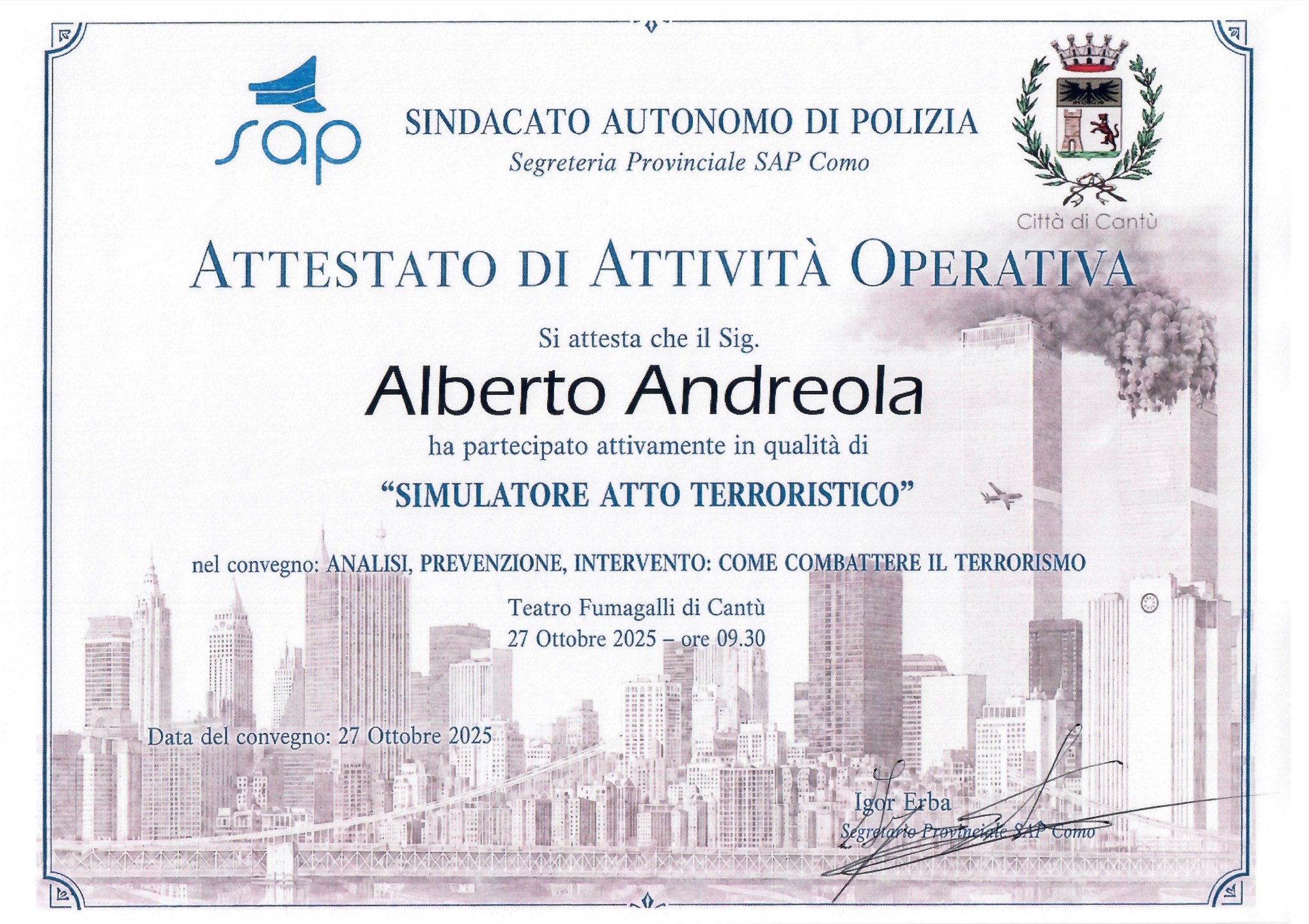 Attestato di attività operativa SAP Como — Alberto Andreola — Cantù, 27 ottobre 2025