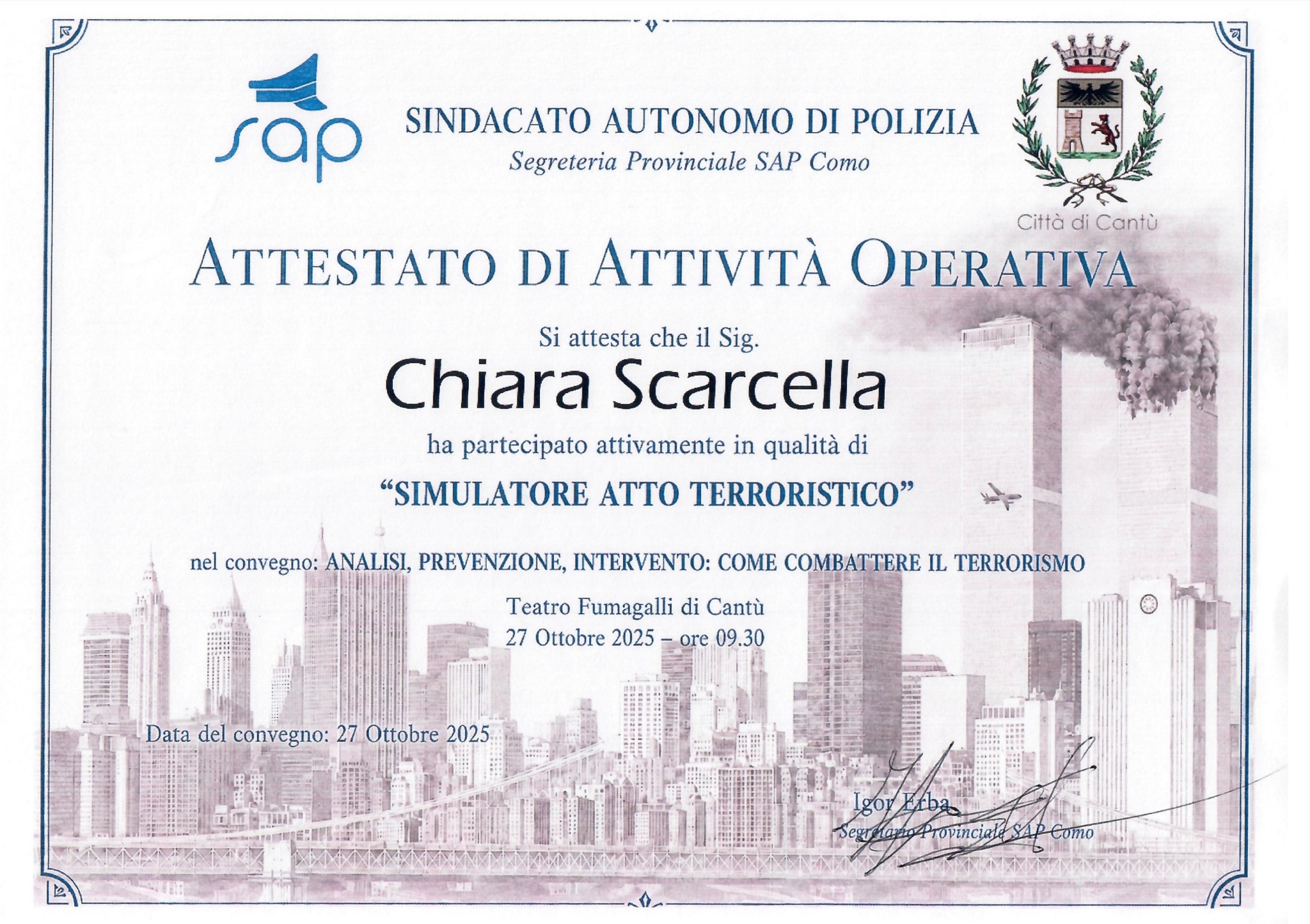 Attestato di attività operativa SAP Como — Chiara Scarcella — Cantù, 27 ottobre 2025
