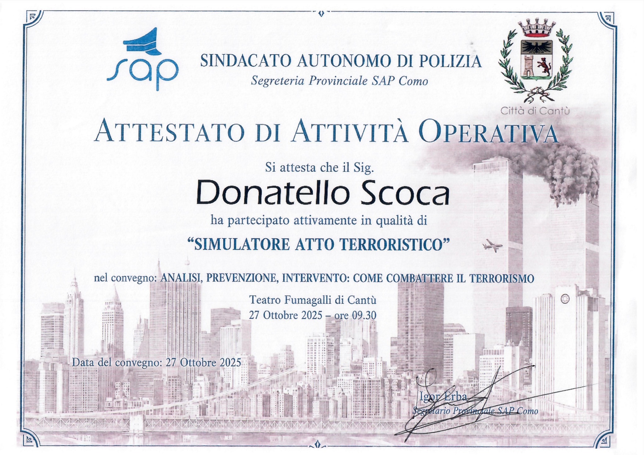 Attestato di attività operativa SAP Como — Donatello Scoca — Cantù, 27 ottobre 2025
