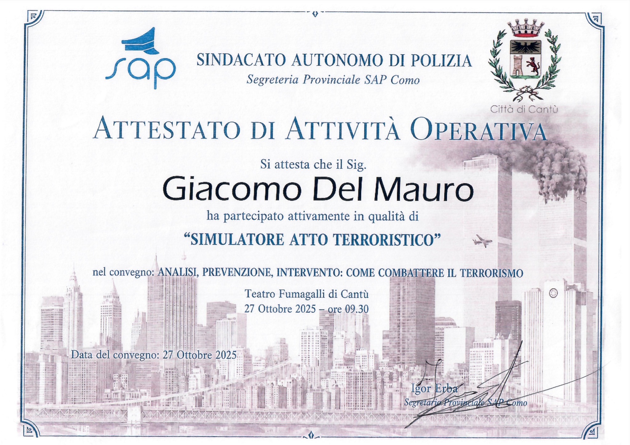 Attestato di attività operativa SAP Como — Giacomo Del Mauro — Cantù, 27 ottobre 2025