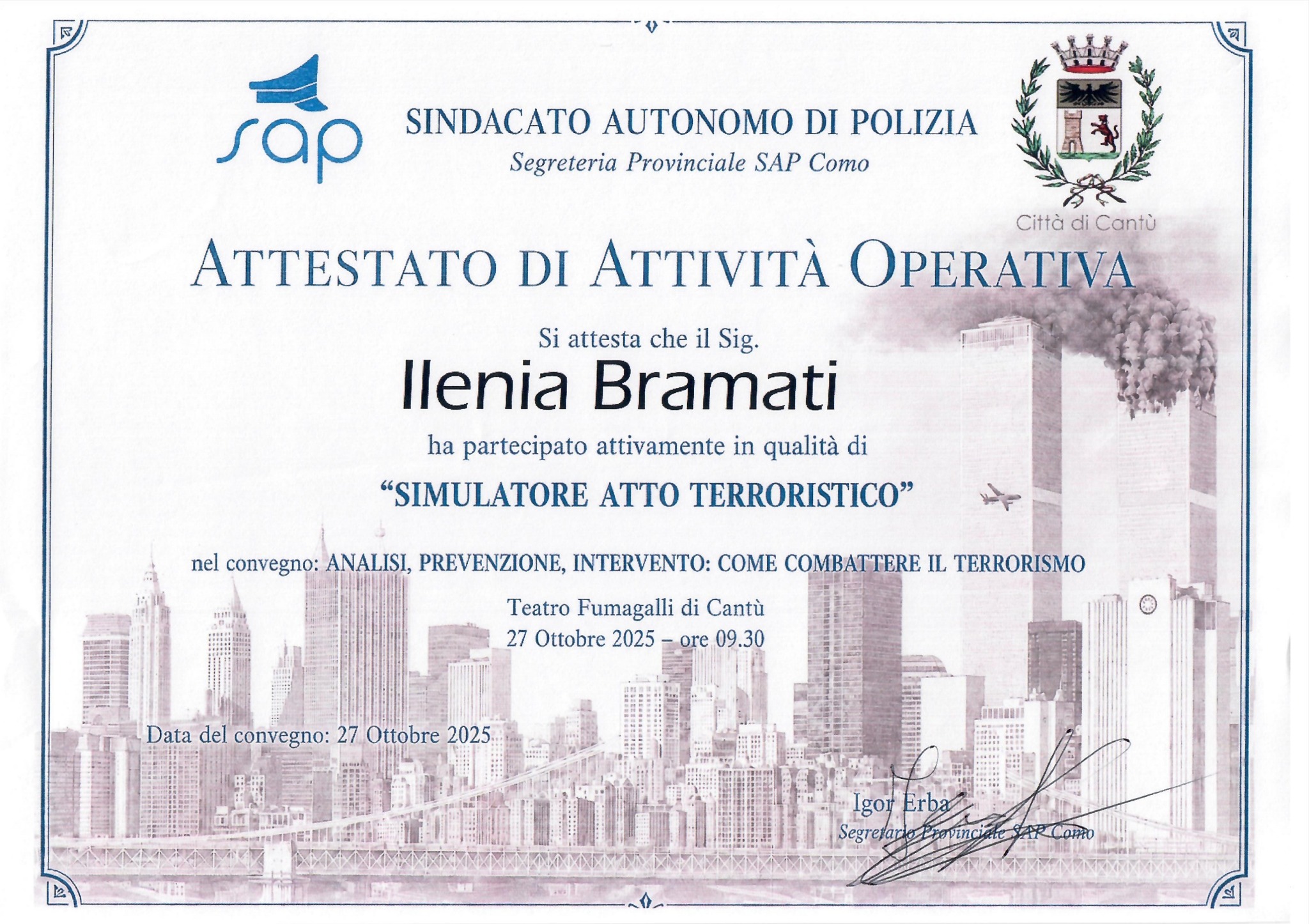 Attestato di attività operativa SAP Como — Ilenia Bramati — Cantù, 27 ottobre 2025