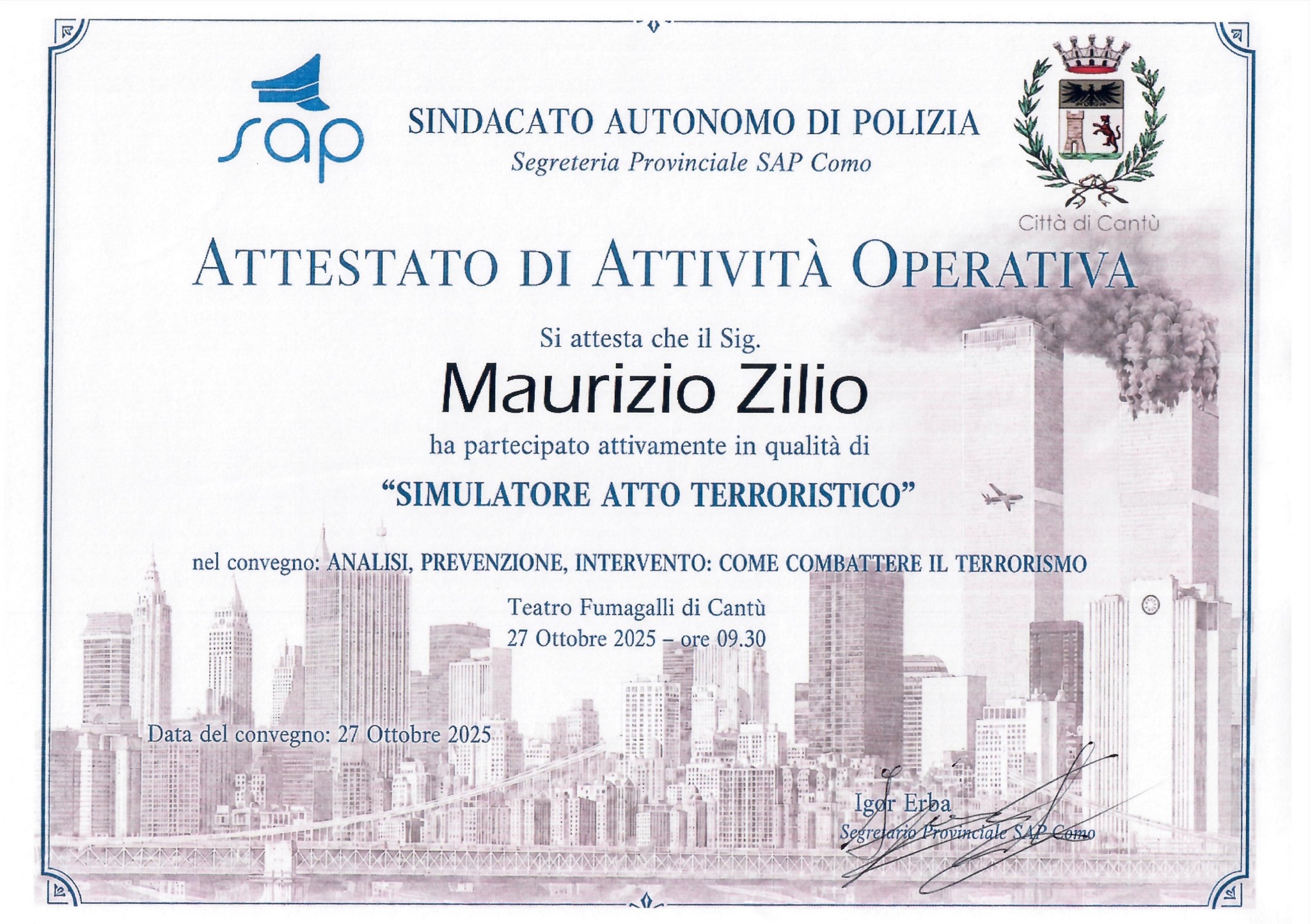 Attestato di attività operativa SAP Como — Maurizio Zilio — Cantù, 27 ottobre 2025