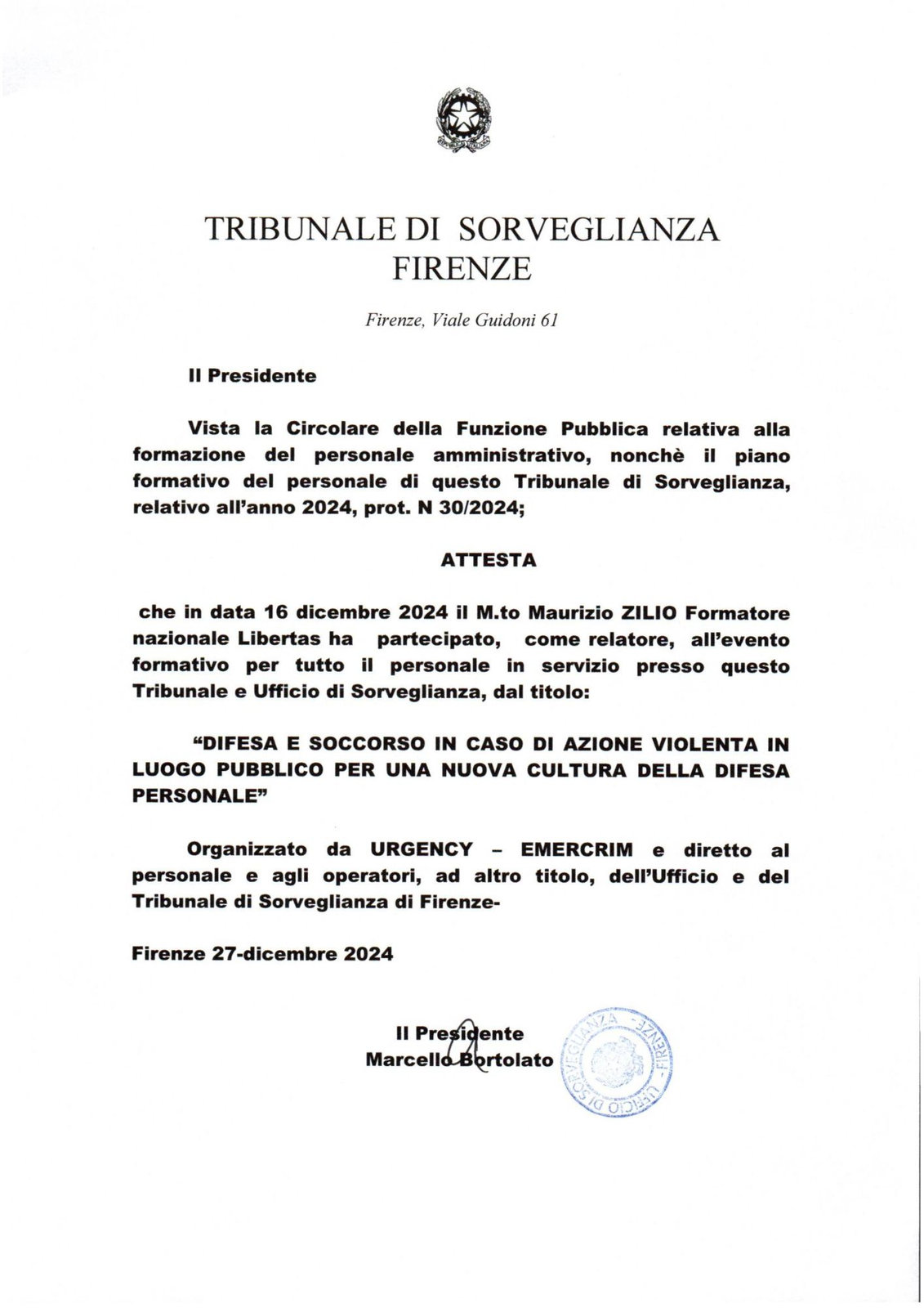 Maurizio Zilio — Antiterrorismo — attestato formativo