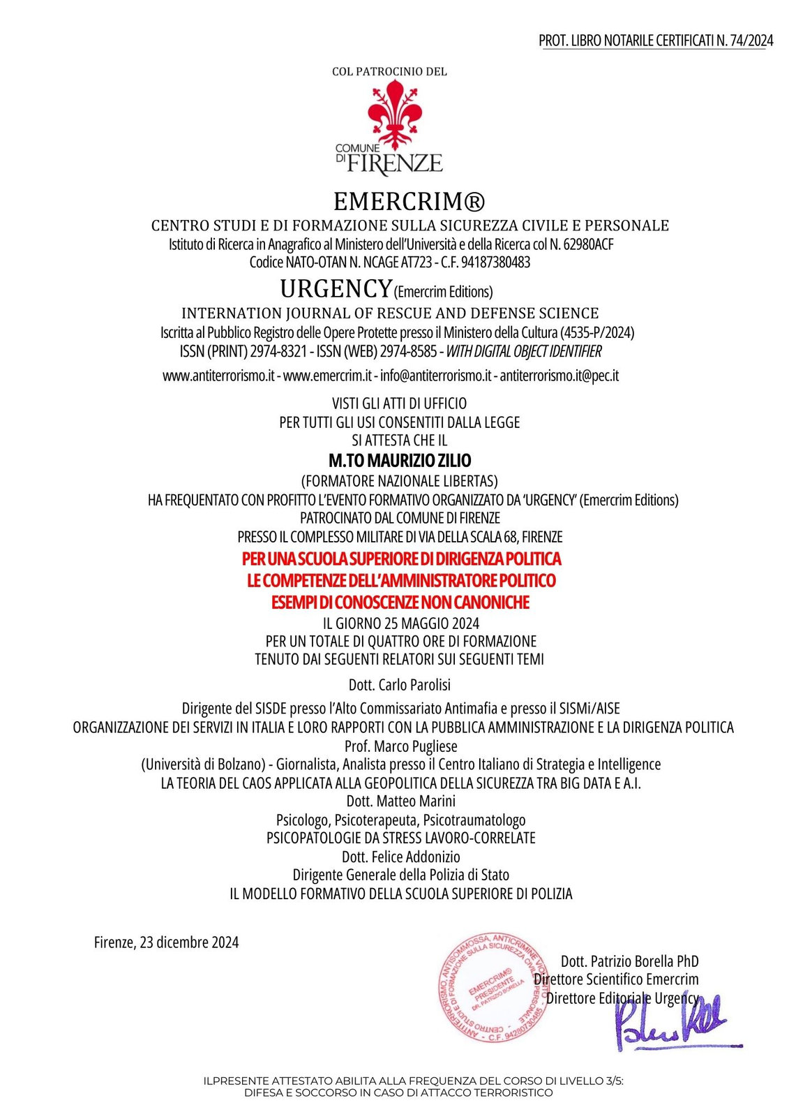 Maurizio Zilio — Formazione specialistica — attestato