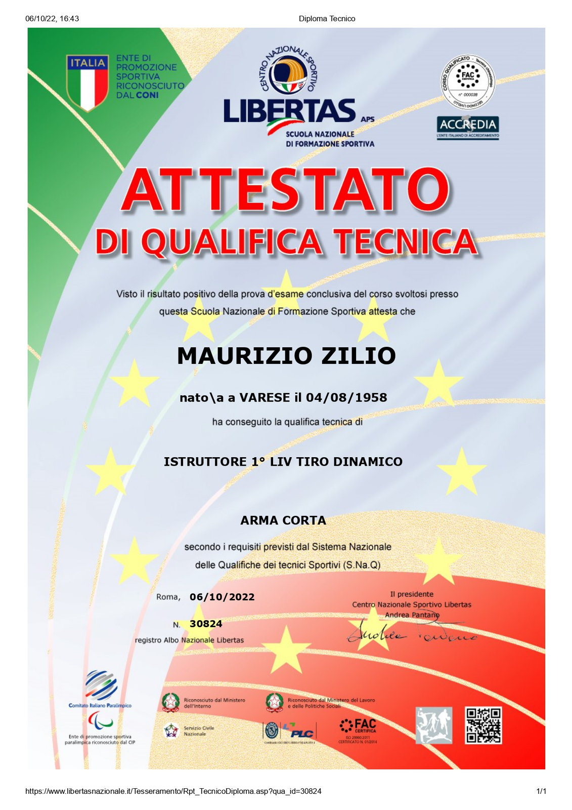 Maurizio Zilio — Istruttore tiro dinamico — Libertas