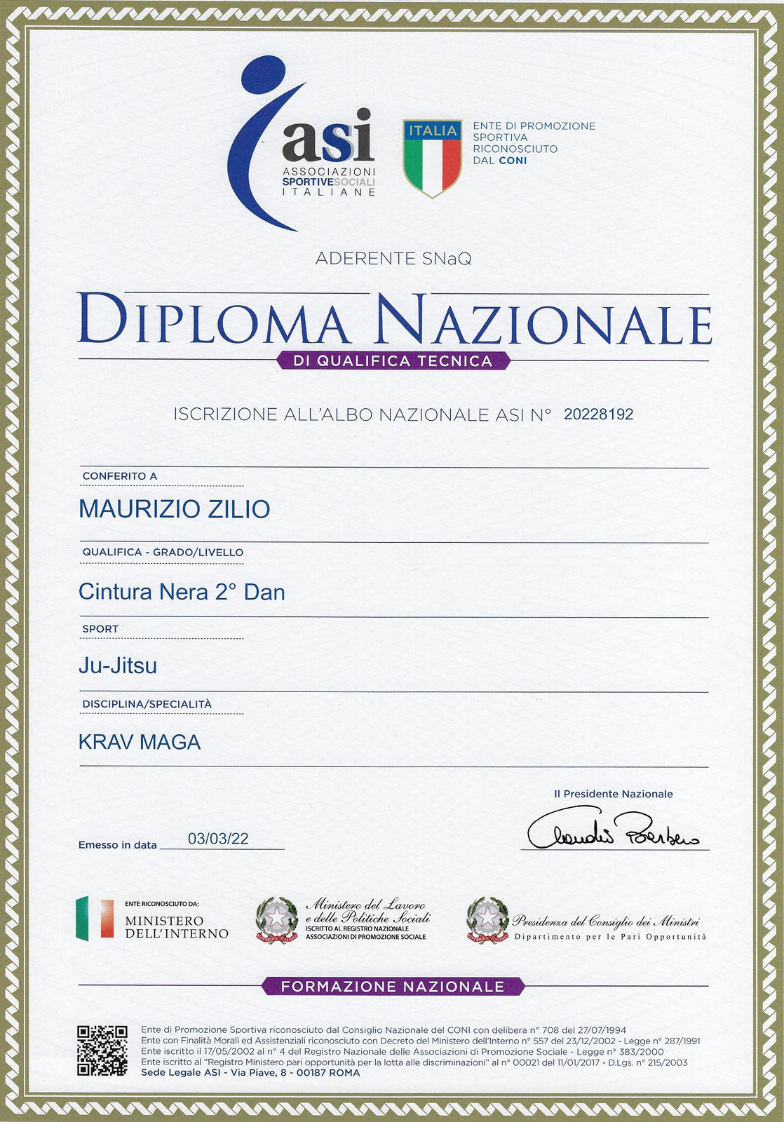 Maurizio Zilio — Cintura nera II Dan — Ju Jitsu / Krav Maga