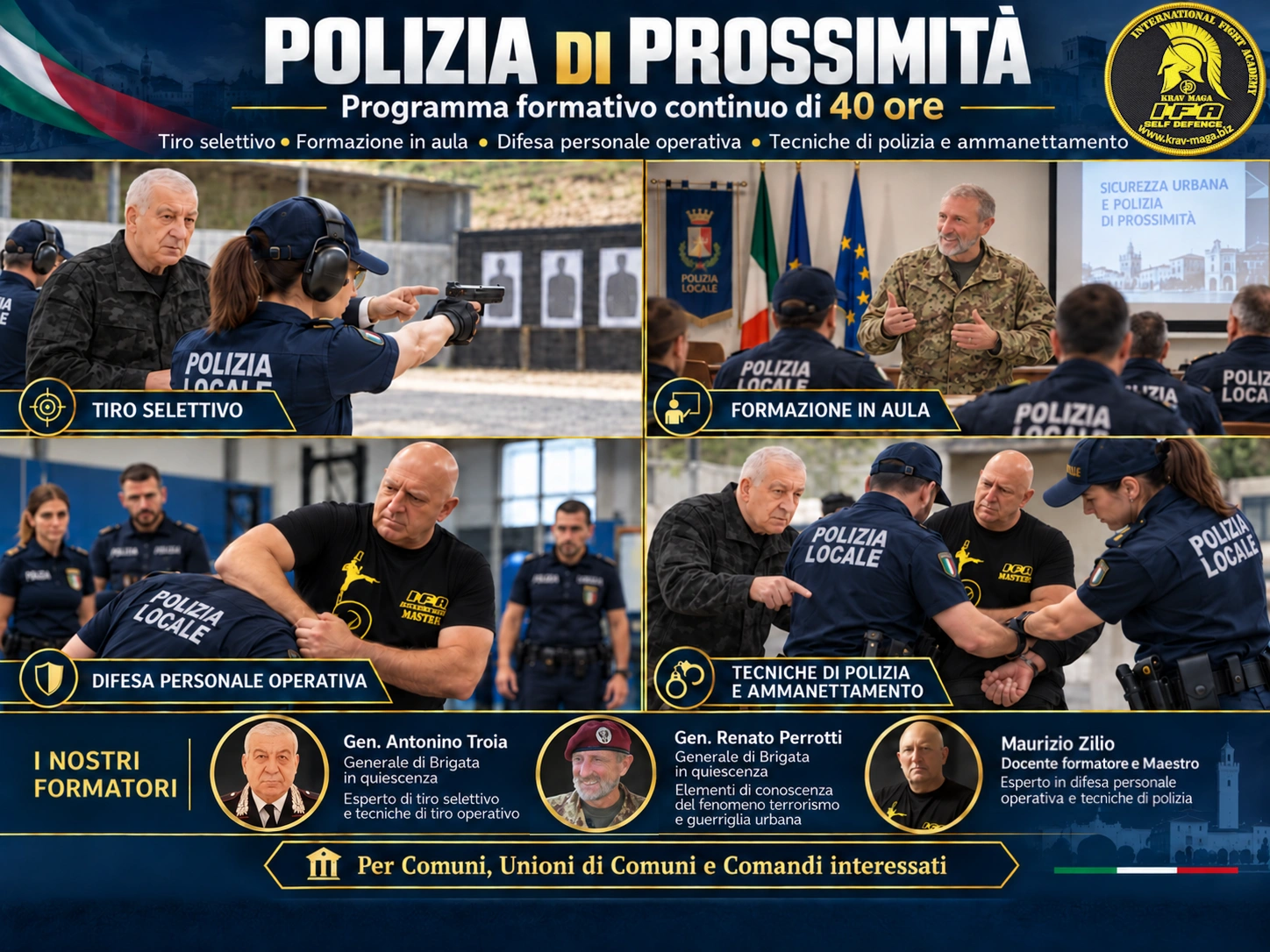 Polizia di prossimità: programma formativo di 40 ore con tiro selettivo, formazione in aula, difesa personale operativa e tecniche di polizia e ammanettamento. Formatori: Generale di Brigata in quiescenza Antonino Troia, Generale di Brigata in quiescenza Renato Perrotti e Maurizio Zilio.